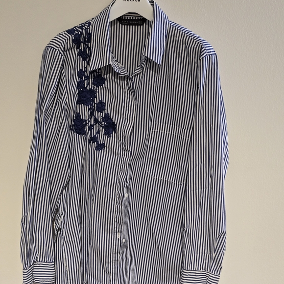 Zara Tops - Zara Navy and White Striped Men's Shirt with Floral Detail